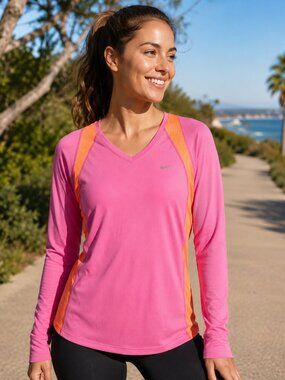 Nike Dri-FIT Running Top Womens Medium Pink Orange Long Sleeve Athletic Workout